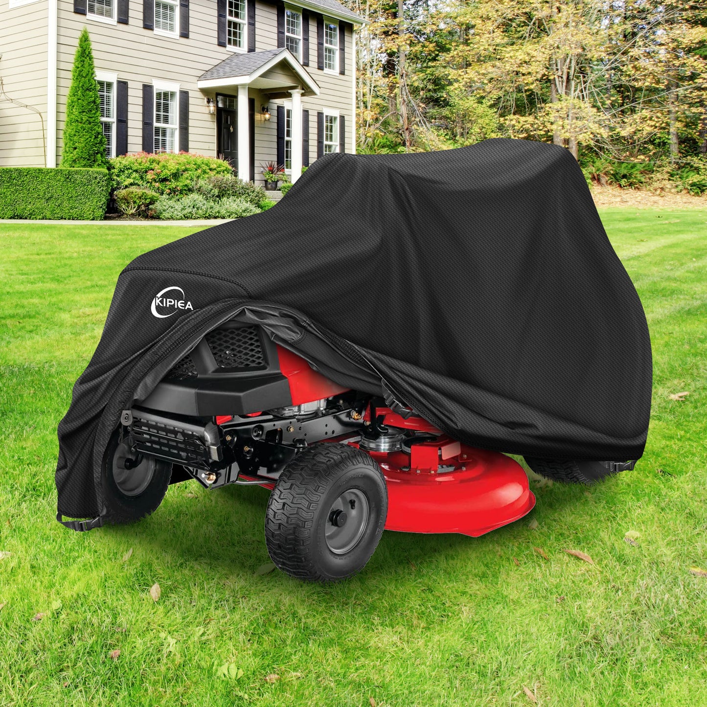 Kipiea Riding Lawn Mower Cover 600D Heavy Duty Lawn Tractor Cover Waterproof, Universal Fit with 4 Buckles, 2 Drawstrings and Storage Bag