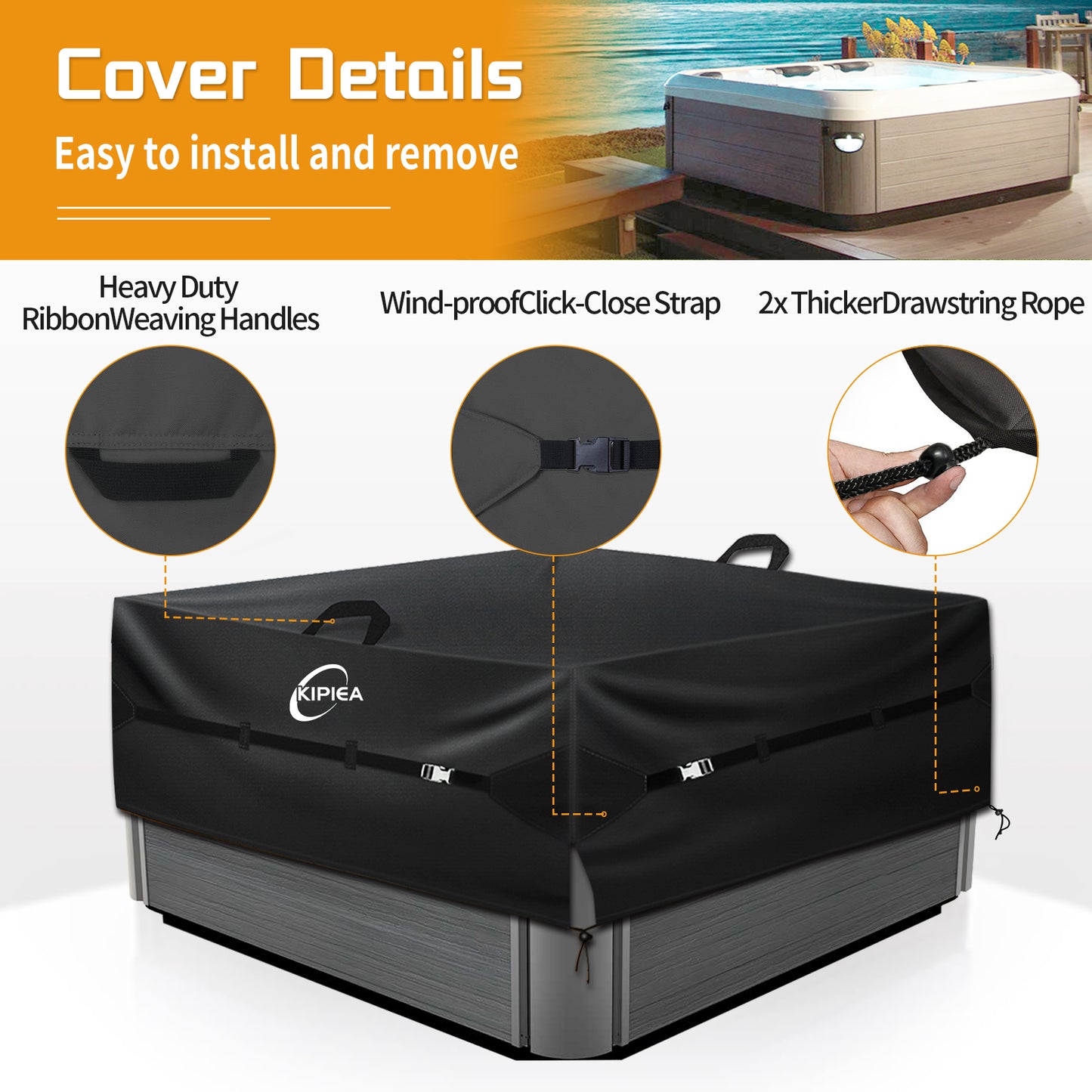 Kipiea 600D Waterproof Square Hot Tub Cover Protector, Heavy Duty Polyester SPA Cover UV Protection Cover for Hot Tub