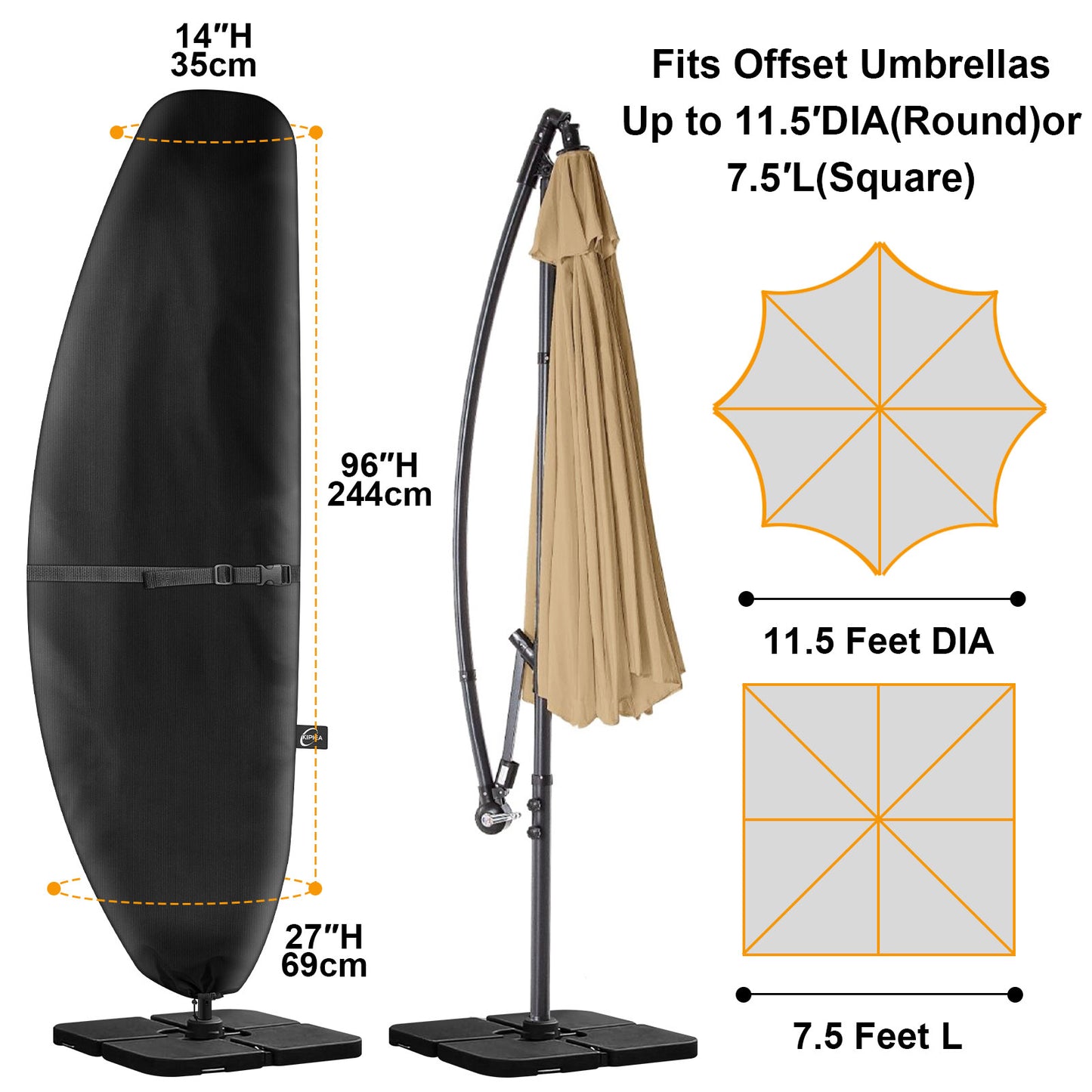 Kipiea Patio Umbrella Covers for 7.5'-11.5'Offset Umbrella, Upgrade 500D Heavy Duty Outdoor Umbrellas Covers with Support Pole and Straps