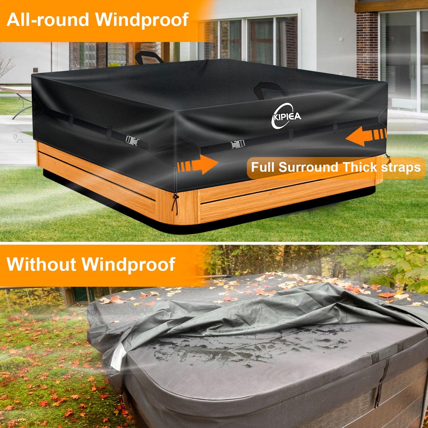 Kipiea 600D Waterproof Square Hot Tub Cover Protector, Heavy Duty Polyester SPA Cover UV Protection Cover for Hot Tub