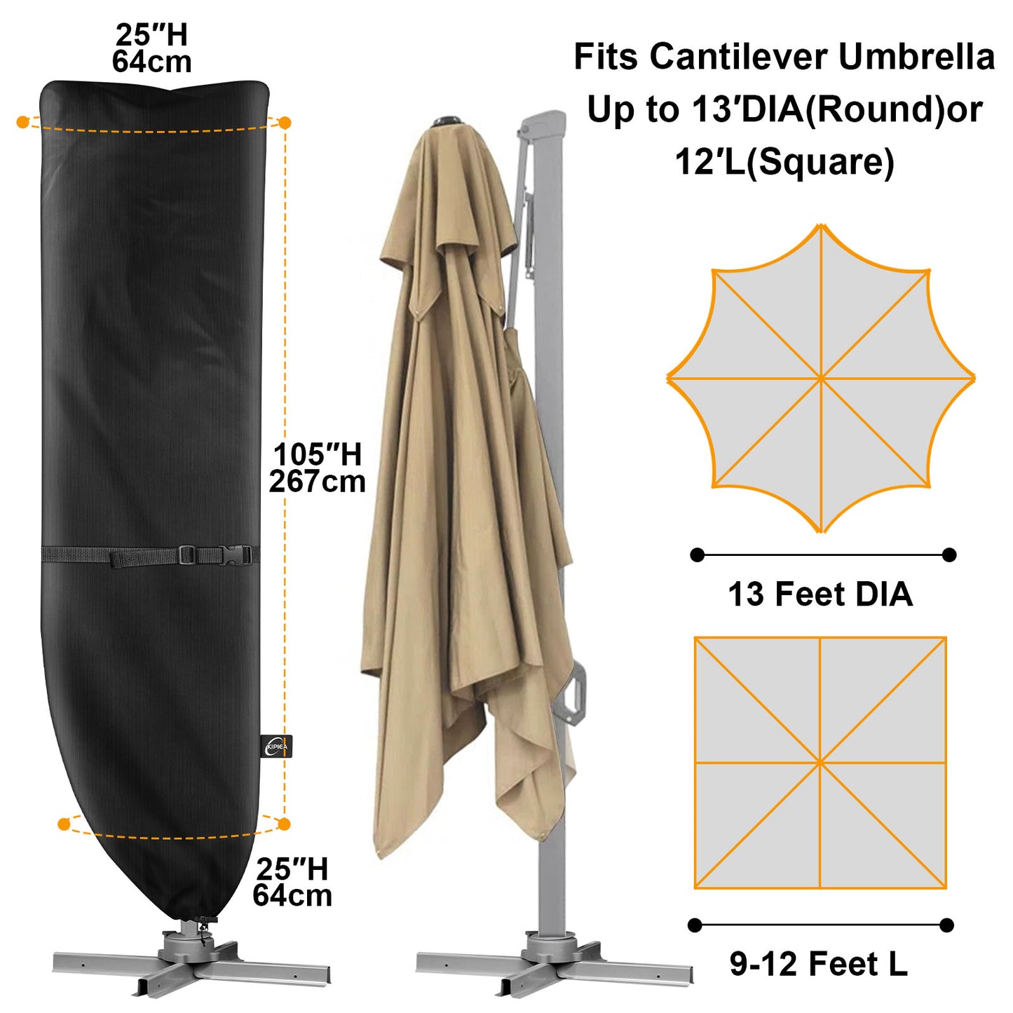 Kipiea Patio Umbrella Covers for 9'-13'Cantilever Umbrella, Upgrade 500D Heavy Duty Outdoor Umbrellas Covers with Support Pole and Straps