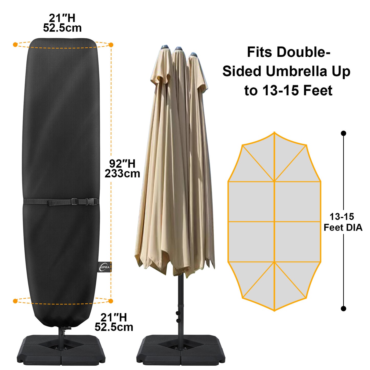 Kipiea Patio Umbrella Covers for 13'-15'Double-Sided Umbrella, Upgrade 500D Heavy Duty Outdoor Umbrellas Covers with Support Pole and Straps
