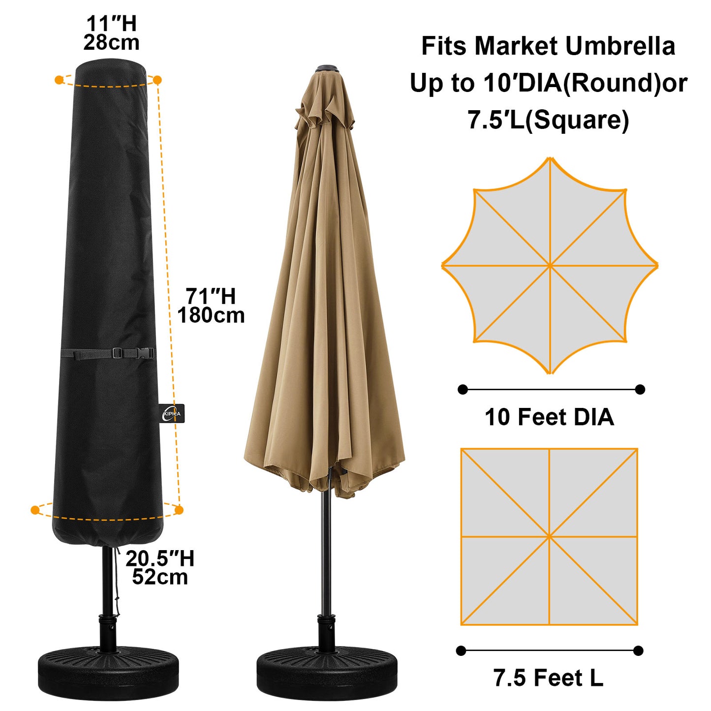 Kipiea Patio Umbrella Covers for 7.5'-10'Market Umbrella, Upgrade 500D Heavy Duty Outdoor Umbrellas Covers with Support Pole and Straps
