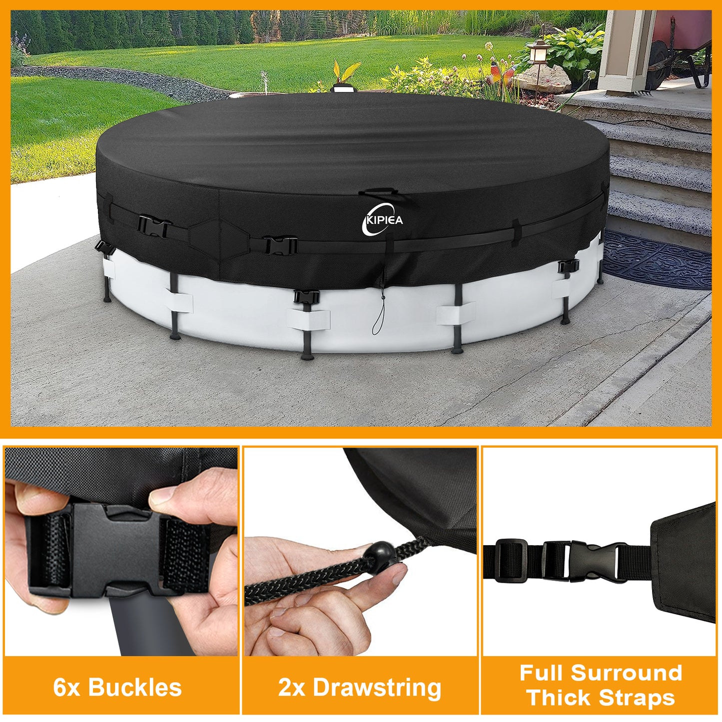 Kipiea 420D Above Ground Pool Cover with Full Surround Straps and 6 Wind-Resistant Buckles for Round Above Ground Pool Cover, Winter Pool Cover, Solar Pool Cover, etc.