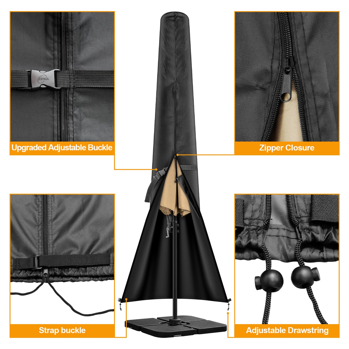 Kipiea Patio Umbrella Covers for 7.5'-11.5'Offset Umbrella, Upgrade 500D Heavy Duty Outdoor Umbrellas Covers with Support Pole and Straps