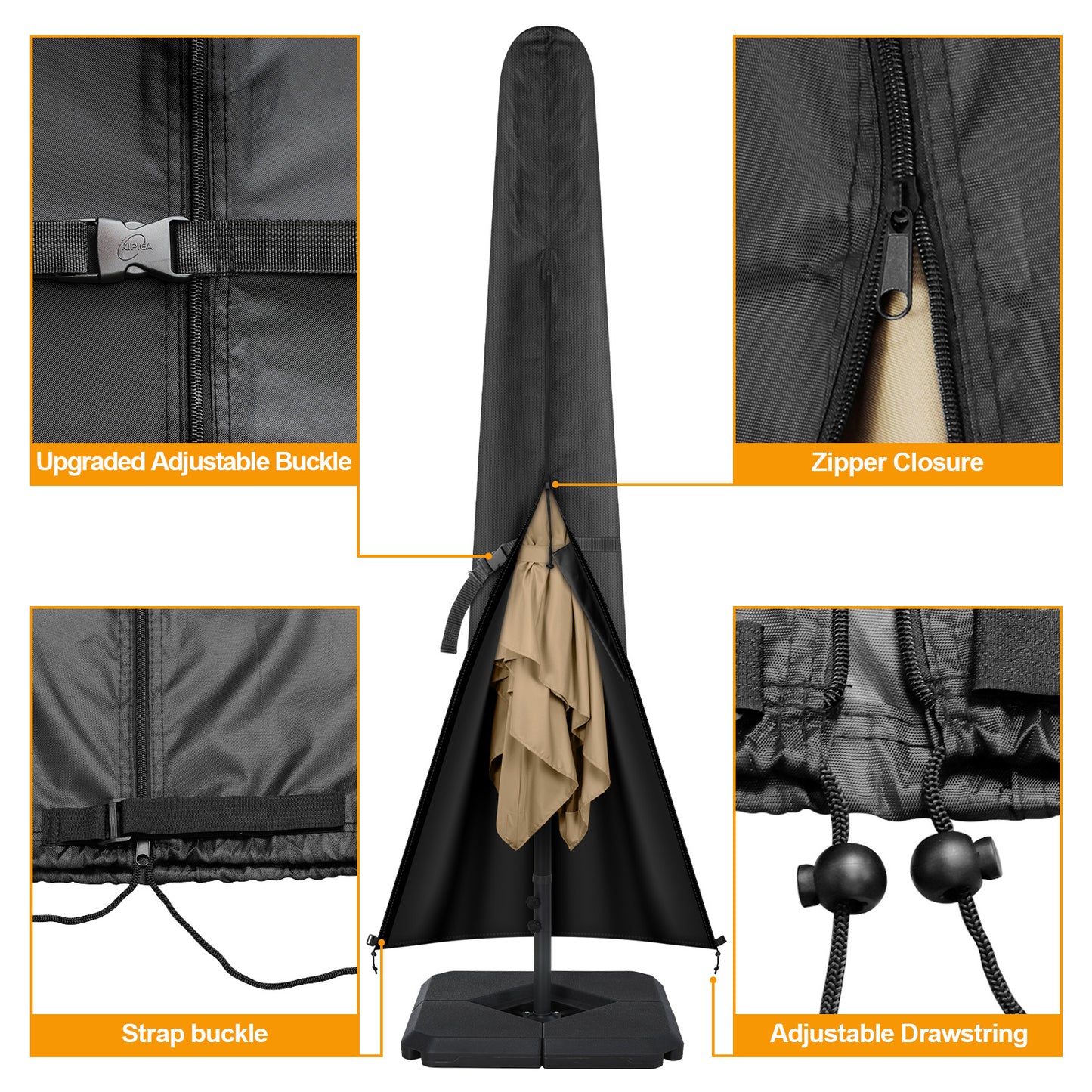 Kipiea Patio Umbrella Covers for 13'-15'Double-Sided Umbrella, Upgrade 500D Heavy Duty Outdoor Umbrellas Covers with Support Pole and Straps