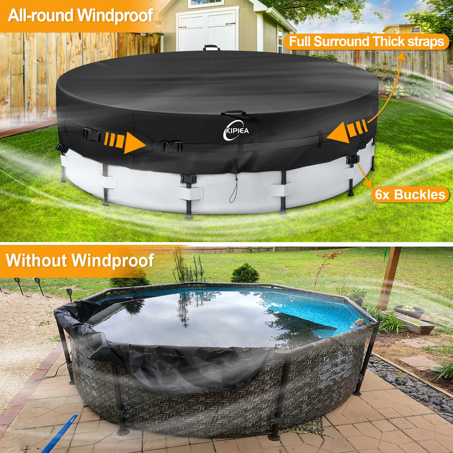 Kipiea 420D Above Ground Pool Cover with Full Surround Straps and 6 Wind-Resistant Buckles for Round Above Ground Pool Cover, Winter Pool Cover, Solar Pool Cover, etc.