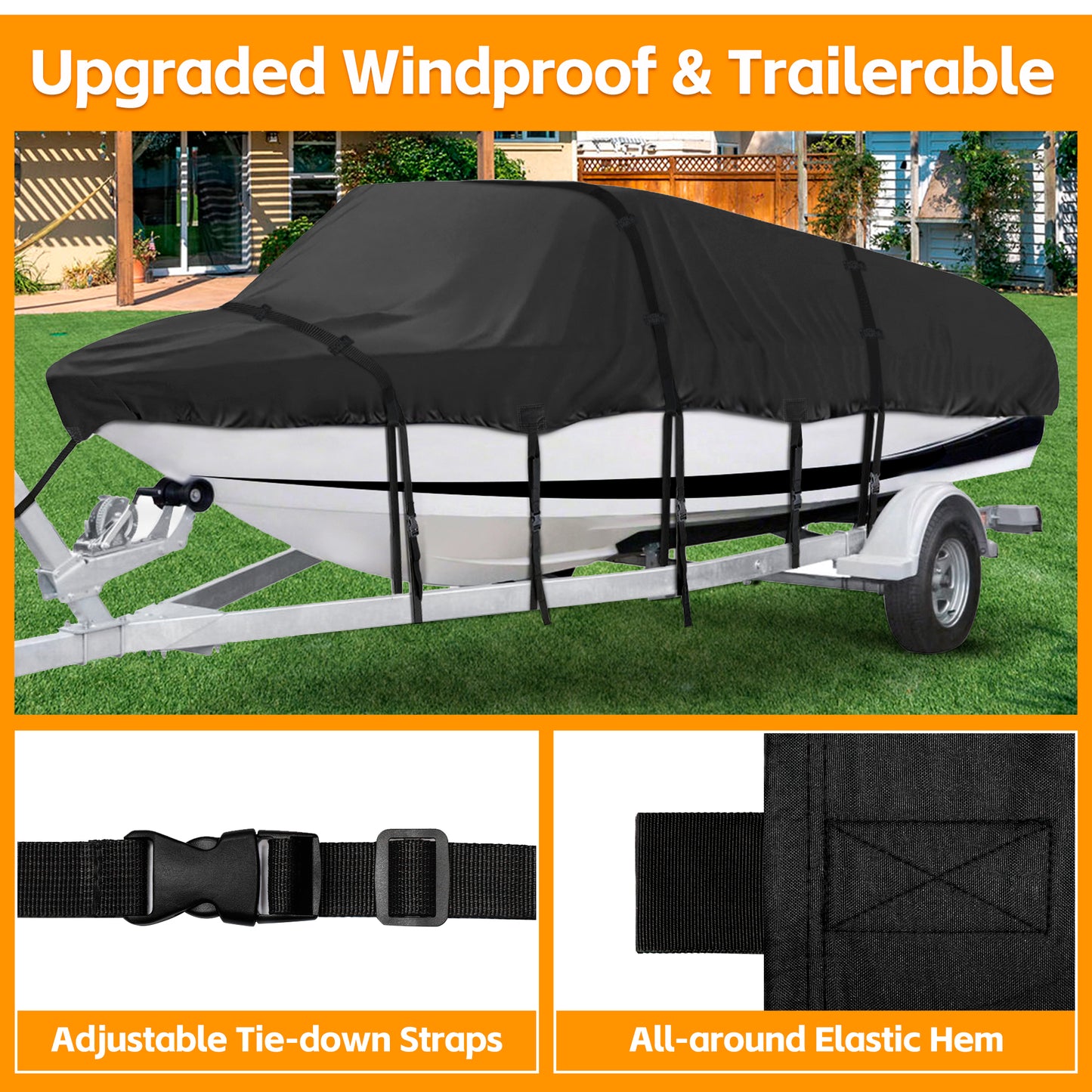 Kipiea 600D Trailerable Boat Cover - Fits V-Hull, Tri-Hull, Runabout Boat - UV Resistant, Waterproof Boat Cover with Storage Bag, Reinforced Windproof Side Straps