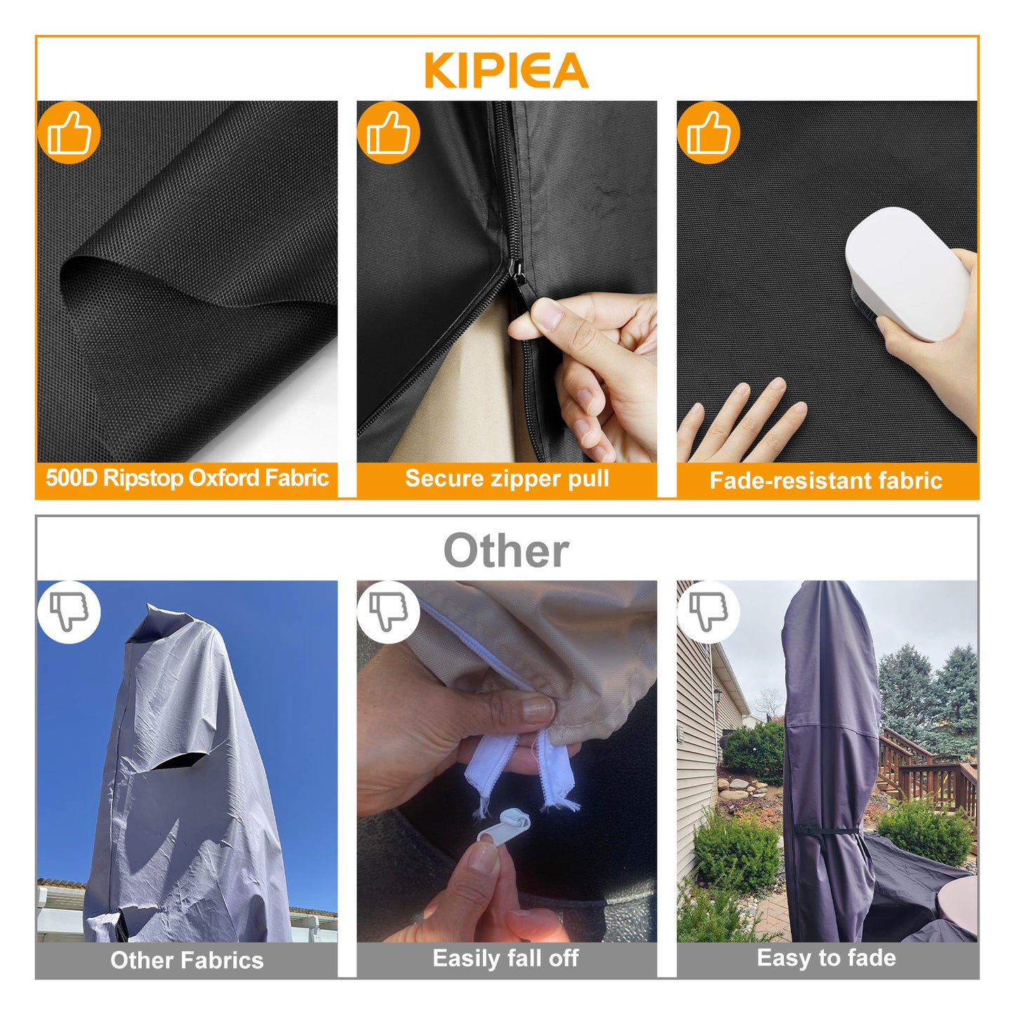 Kipiea Patio Umbrella Covers for 9'-13'Cantilever Umbrella, Upgrade 500D Heavy Duty Outdoor Umbrellas Covers with Support Pole and Straps