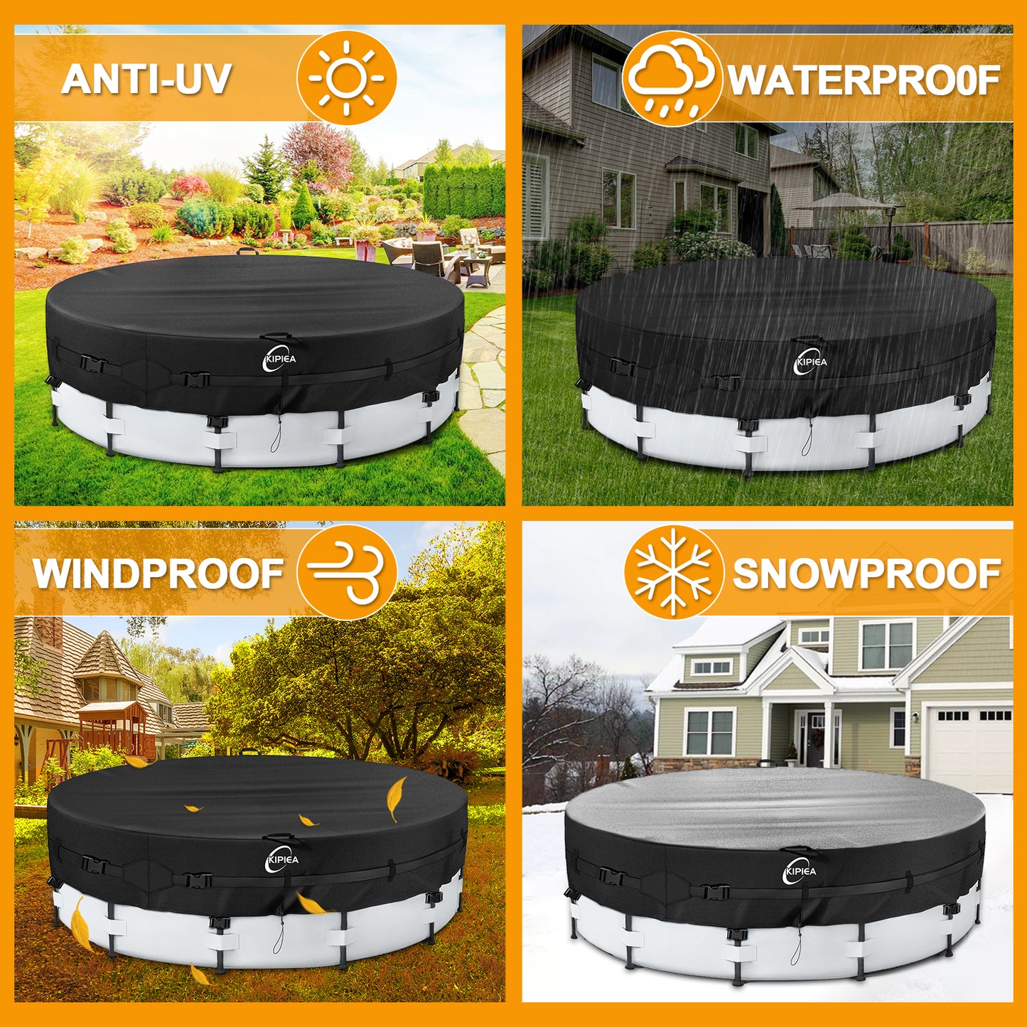 Kipiea 420D Above Ground Pool Cover with Full Surround Straps and 6 Wind-Resistant Buckles for Round Above Ground Pool Cover, Winter Pool Cover, Solar Pool Cover, etc.