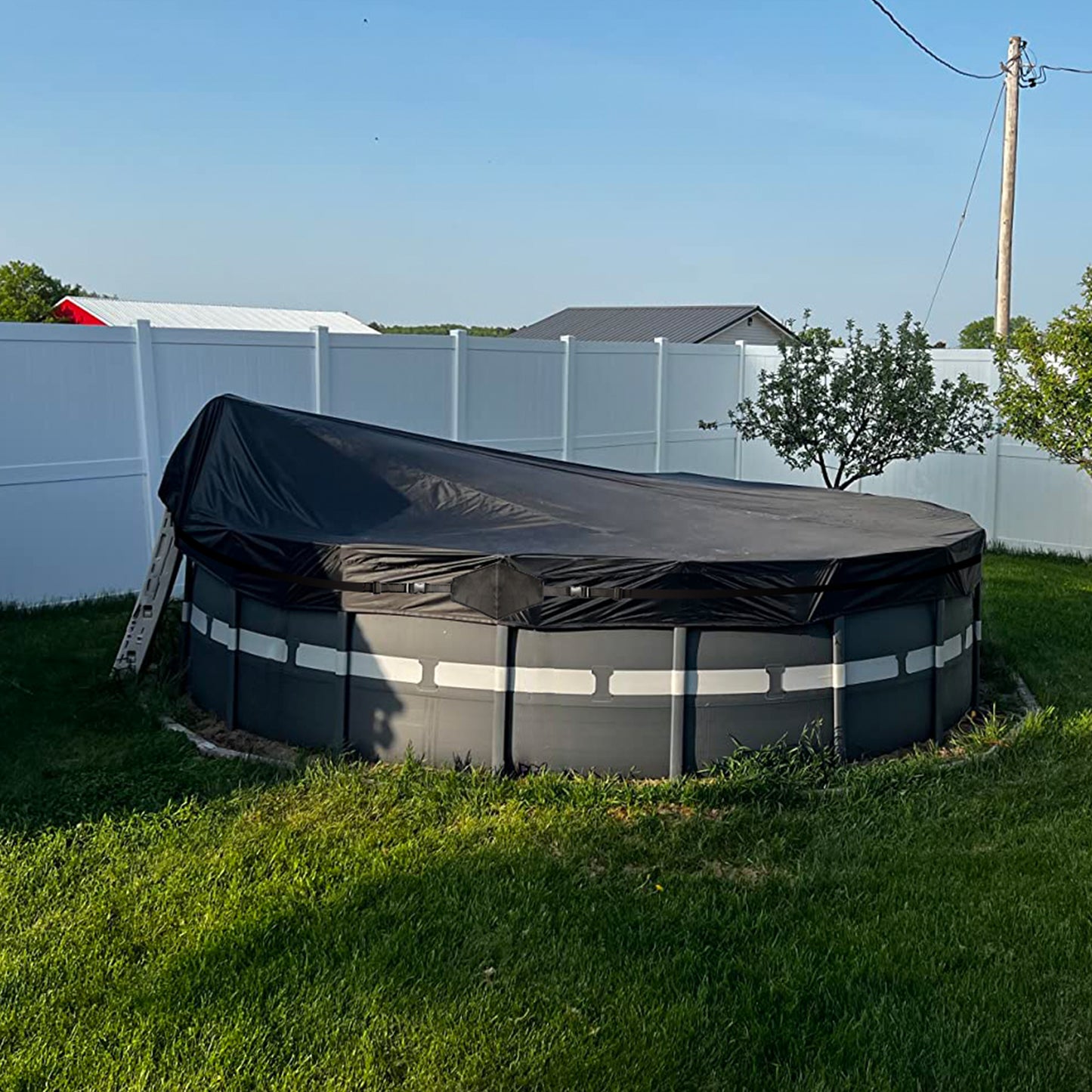 Kipiea 420D Above Ground Pool Cover with Full Surround Straps and 6 Wind-Resistant Buckles for Round Above Ground Pool Cover, Winter Pool Cover, Solar Pool Cover, etc.