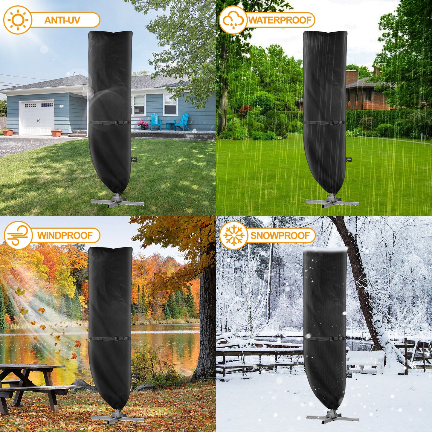 Kipiea Patio Umbrella Covers for 9'-13'Cantilever Umbrella, Upgrade 500D Heavy Duty Outdoor Umbrellas Covers with Support Pole and Straps