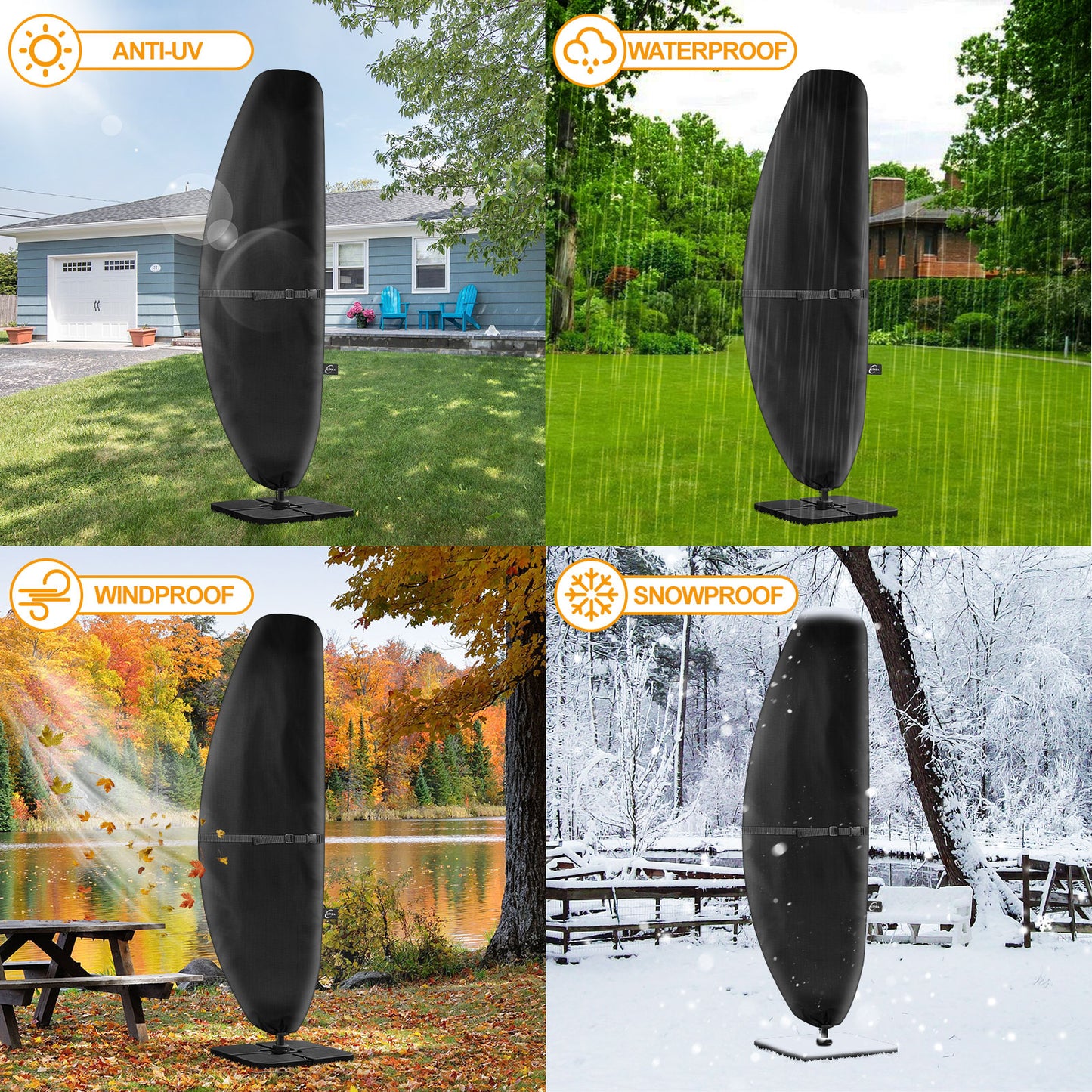 Kipiea Patio Umbrella Covers for 7.5'-11.5'Offset Umbrella, Upgrade 500D Heavy Duty Outdoor Umbrellas Covers with Support Pole and Straps