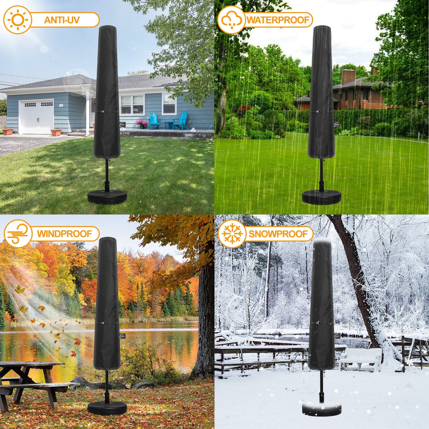 Kipiea Patio Umbrella Covers for 7.5'-10'Market Umbrella, Upgrade 500D Heavy Duty Outdoor Umbrellas Covers with Support Pole and Straps