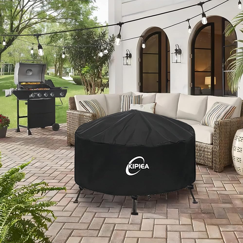 Kipiea 420D Fire Table Covers, Waterproof Round Fire Pit Cover, Heavy Duty Outdoor Firepit Covers with Anti UV and No Tears, No Fading