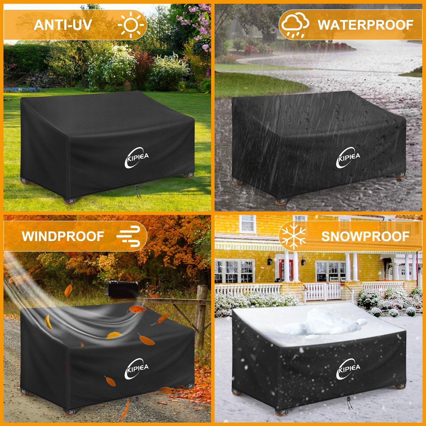 Kipiea Patio Sofa Cover, Heavy Duty 600D Outdoor Couch Cover Waterproof Winter, 2-Seat Patio Furniture Cover Loveseat, Outdoor Sofa Covers with Anti UV and No Tears, No Fading