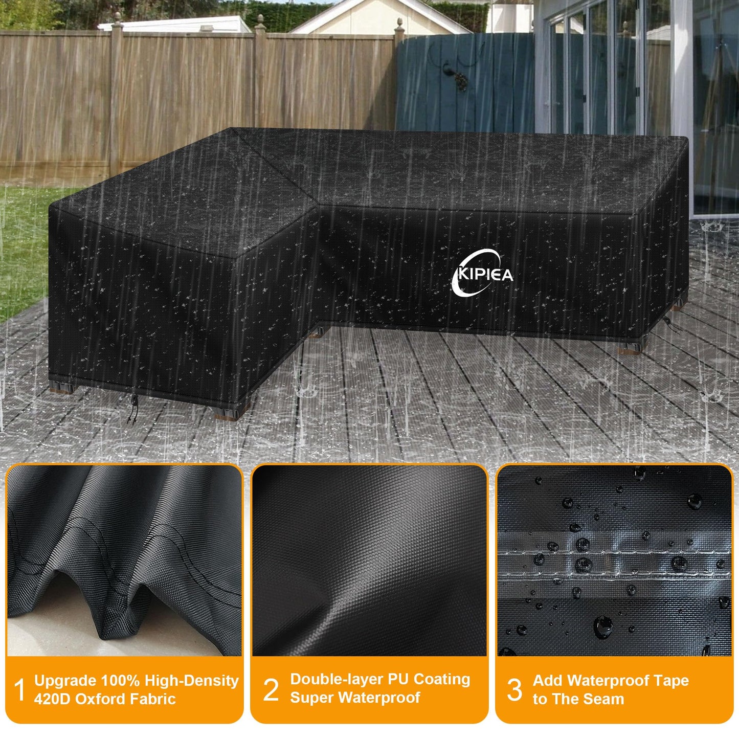Kipiea Patio V-Shaped Sectional Sofa Cover, 420D Heavy-Duty Oxford Fabric Outdoor Sectional Cover with 6 Windproof Buckles, Anti UV and No Tears, No Fading Black