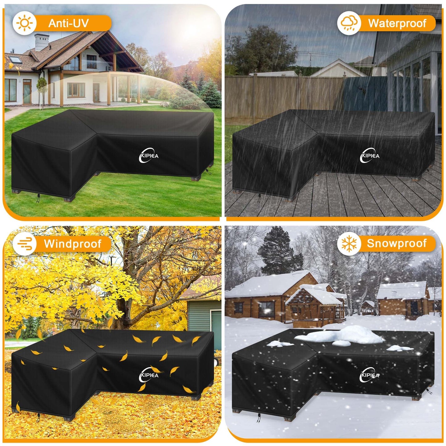 Kipiea Patio V-Shaped Sectional Sofa Cover, 420D Heavy-Duty Oxford Fabric Outdoor Sectional Cover with 6 Windproof Buckles, Anti UV and No Tears, No Fading Black