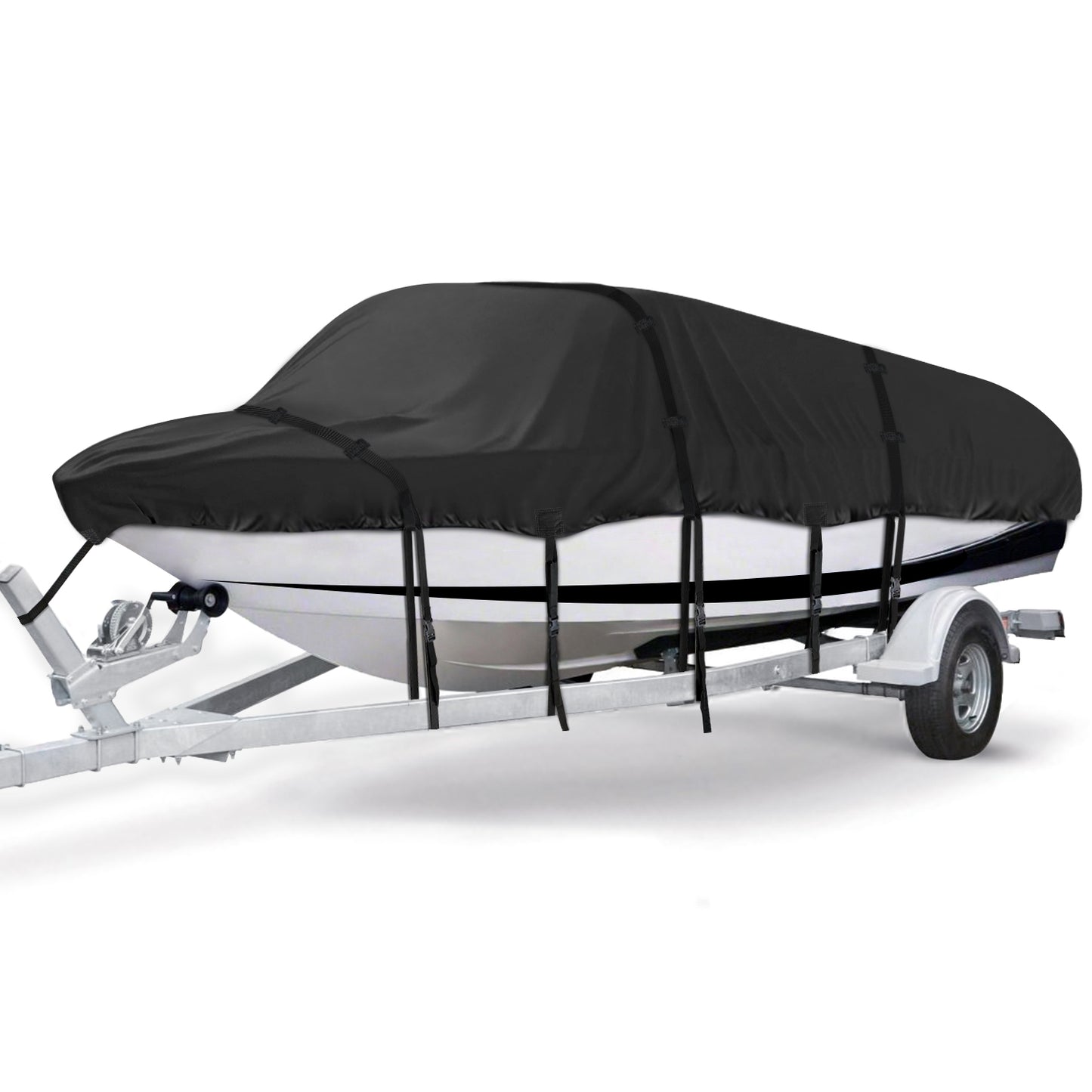 Kipiea 600D Trailerable Boat Cover - Fits V-Hull, Tri-Hull, Runabout Boat - UV Resistant, Waterproof Boat Cover with Storage Bag, Reinforced Windproof Side Straps